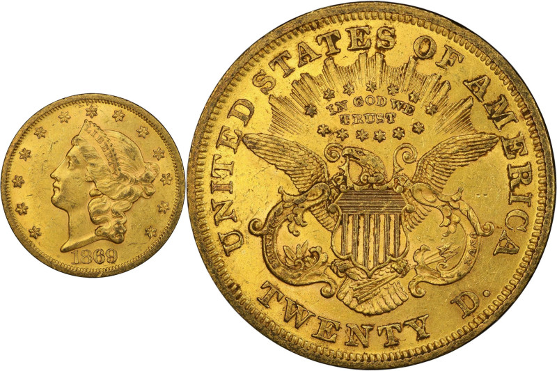 Handsome Mint State 1869 $20 Gold Rarity
1869 Liberty Head Double Eagle. MS-61 ...