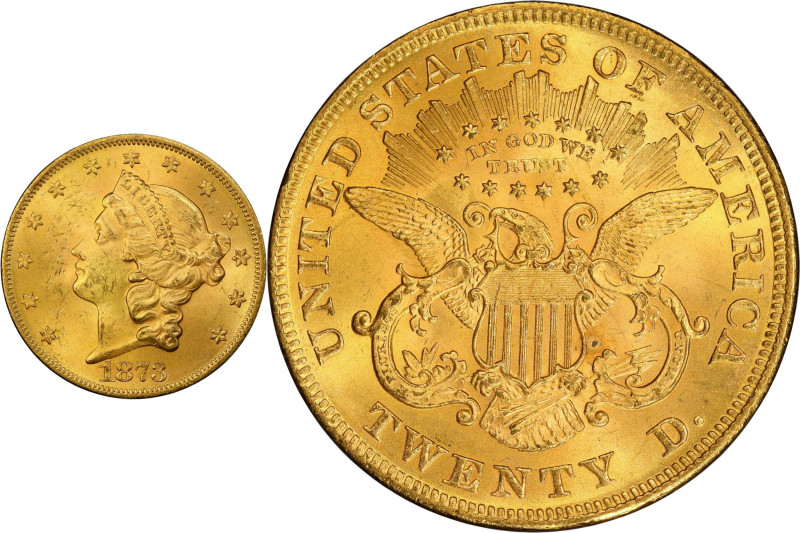 1873 Liberty Head Double Eagle. Open 3. MS-63 (PCGS).
An extraordinary Type II ...