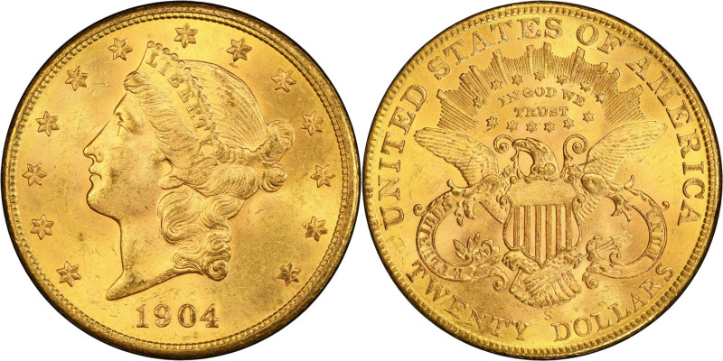 1904-S Liberty Head Double Eagle. MS-64 (PCGS).
A beautiful near-Gem that ranks...