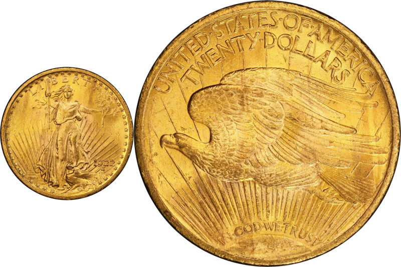 1922 Saint-Gaudens Double Eagle. MS-63 (PCGS).
Lustrous deep honey-rose surface...