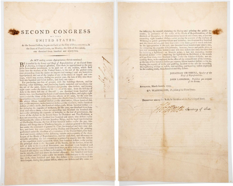 Important Founding Document for the First United States Mint
Boldly Autographed...