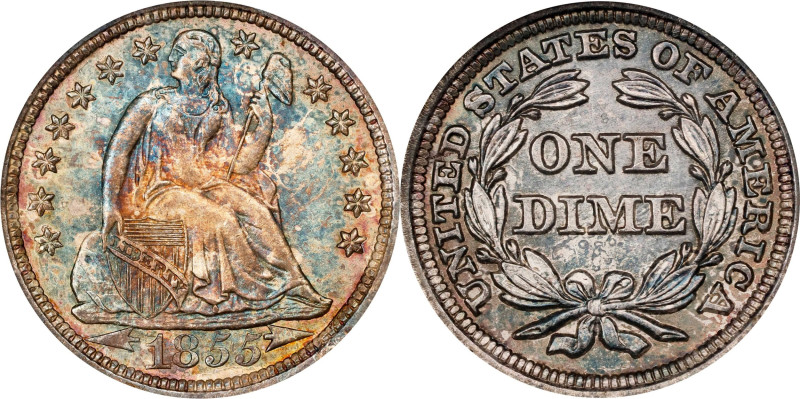 Beautifully Toned Ultra Gem 1855 Dime
Brief and Popular Arrows Design Type
185...