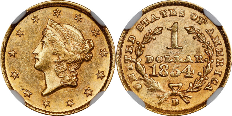 High Condition Census 1854-D Gold Dollar
1854-D Gold Dollar. Winter 6-H, the on...