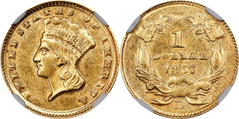 Mint State 1857-D Gold Dollar Rarity
1857-D Gold Dollar. Winter 9-L, the only k...