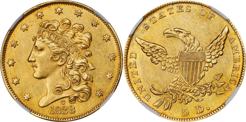 Very Rare Mint State 1838-C Half Eagle
Historic First Year Charlotte Mint Issue...