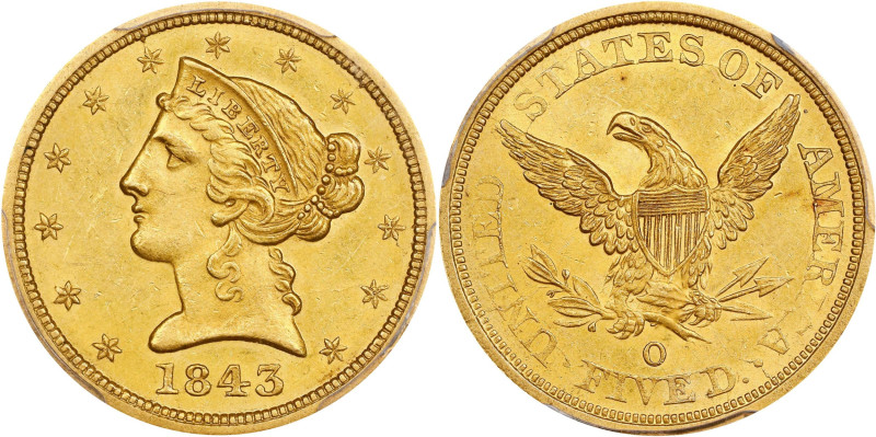 Lustrous Mint State 1843-O Half Eagle
Large Letters
1843-O Liberty Head Half E...