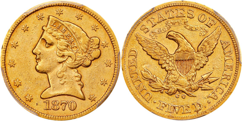 Famous 1870-CC Half Eagle Rarity
First Year Carson City Mint Issue
1870-CC Lib...