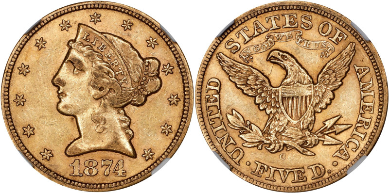 Condition Rarity 1874-CC Half Eagle
1874-CC Liberty Head Half Eagle. AU-55 (NGC...