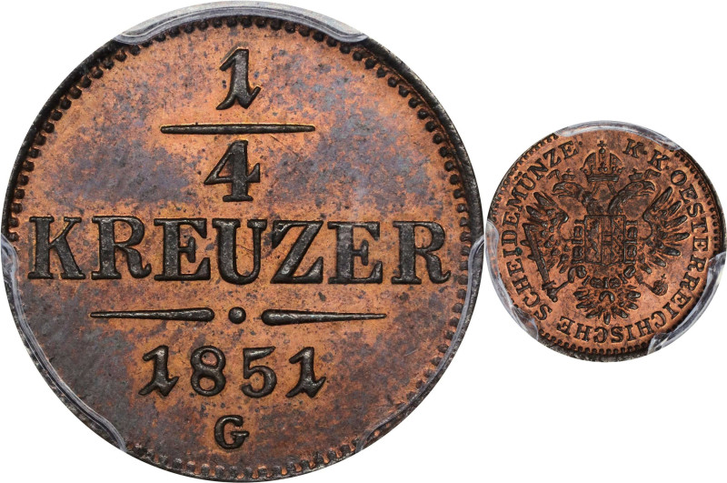 AUSTRIA. 1/4 Kreuzer, 1851-G. Nagybanya Mint. Franz Joseph. PCGS MS-64 Red Brown...