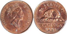 CANADA. Mint Error -- Struck on Panama Centesimo -- 5 Cents, 2001-P. Winnipeg Mint. Elizabeth II. PCGS MS-63 Red Brown.
cf. KM-182B (for strike) & KM...