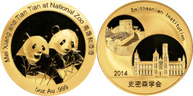 Flawless Medallic Panda Issue with an American Connection
CHINA. Smithsonian Institution/Mei Xiang & Tian Tian Gold Medal (5 Ounces), 2014. Panda Ser...