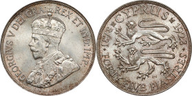 CYPRUS. 45 Piastres, 1928. London Mint. George V. PCGS MS-65.
KM-19; Prid-1. One of the finer examples of the type that one will encounter, this Gem ...