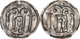 DENMARK. 1/2 Bracteate, ND (ca. 958-85). Haithabu Mint. Harald I "Bluetooth". NGC MS-61.
Hauberg-1. A type that is often encountered cut or otherwise...