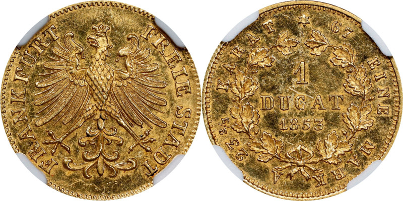 GERMANY. Frankfurt. Ducat, 1853. Frankfurt Mint. Free City. NGC MS-62.
Fr-1027;...