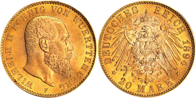 GERMANY. Wurttemberg. 20 Mark, 1894-F. Stuttgart Mint. Wilhelm II. PCGS MS-64.
...