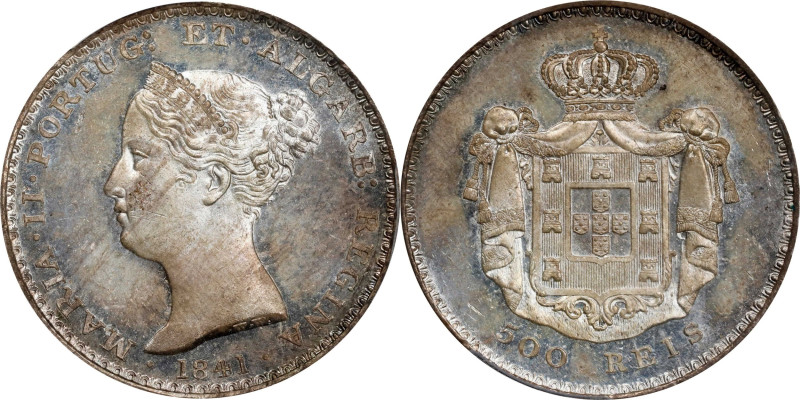 PORTUGAL. 500 Reis, 1841. Lisbon Mint. Maria II. PCGS MS-64+.
KM-471. Exceeded ...