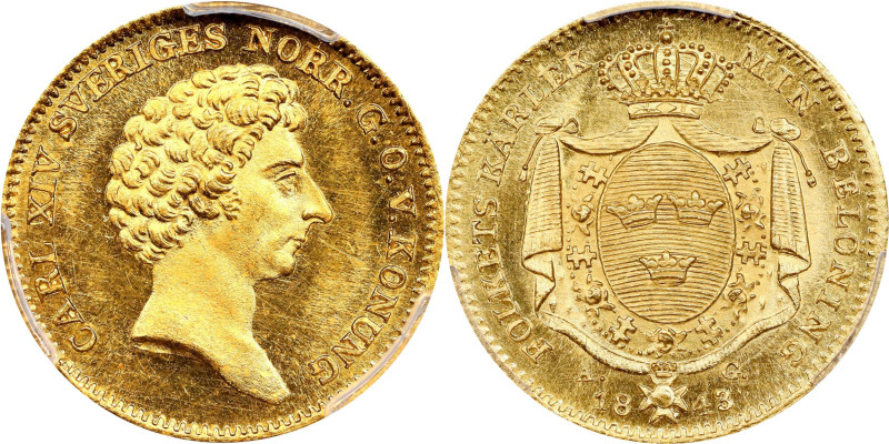 SWEDEN. Ducat, 1843-AG. Stockholm Mint. Karl XIV Johan. PCGS MS-63.
Fr-87; KM-6...