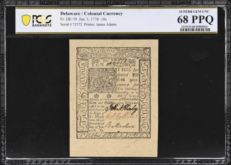 DE-79. Delaware. January 1, 1776. 10 Shillings. PCGS Banknote Superb Gem Uncircu...