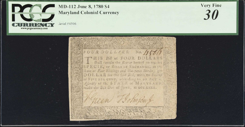 MD-112. Maryland. June 8, 1780. $4. PCGS Currency Very Fine 30.
No. 4506. Plate...