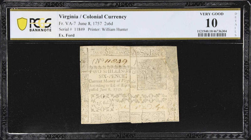 VA-7. Virginia. June 8, 1757. 2 Shillings, 6 Pence. PCGS Banknote Very Good 10 D...