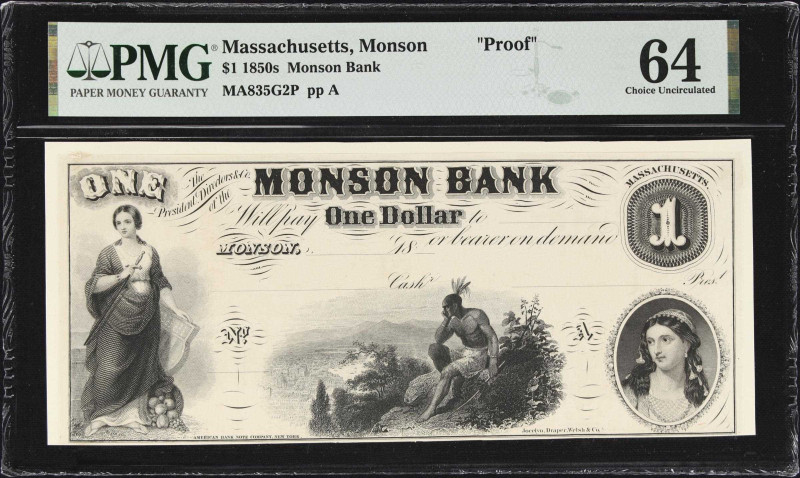 Unique Monson Bank Proof Ace 
Monson, Massachusetts. Monson Bank. 18xx $1. Haxb...