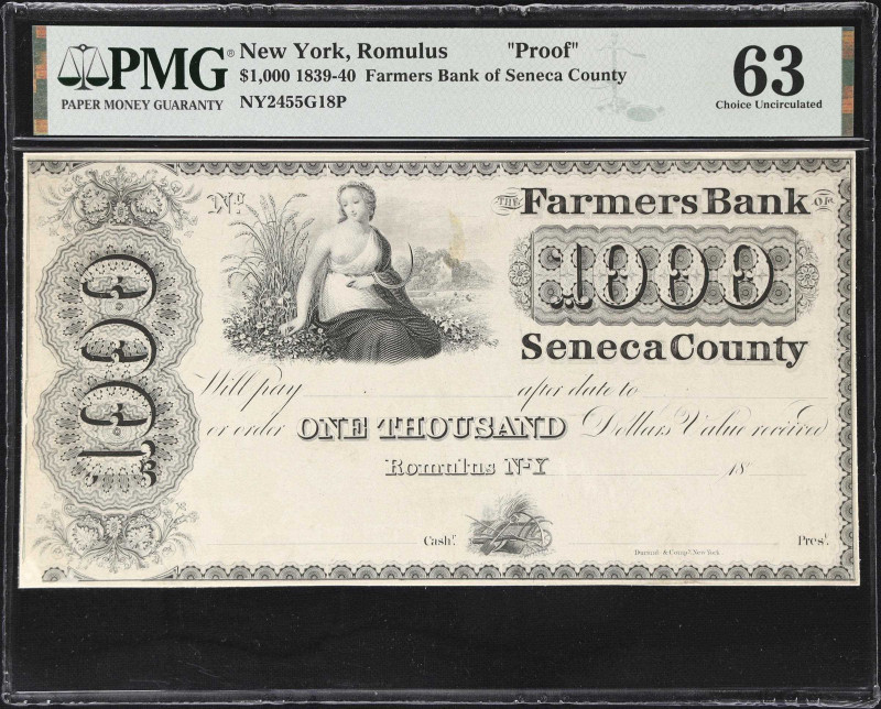 Romulus, New York. Farmers Bank of Seneca County. 1839-40 $1000. PMG Choice Unci...