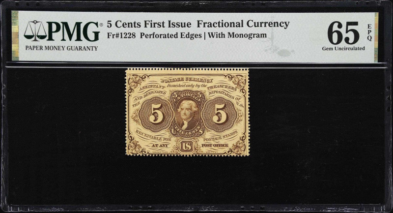 Fr. 1228. 5 Cents. First Issue. PMG Gem Uncirculated 65 EPQ.
Perforated Edges. ...