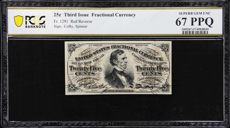 Fr. 1291. 25 Cents. Third Issue. PCGS Banknote Superb Gem Uncirculated 67 PPQ.
...