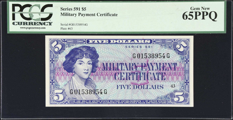 Military Payment Certificate. Series 591. $5. PCGS Currency Gem New 65 PPQ.
A n...