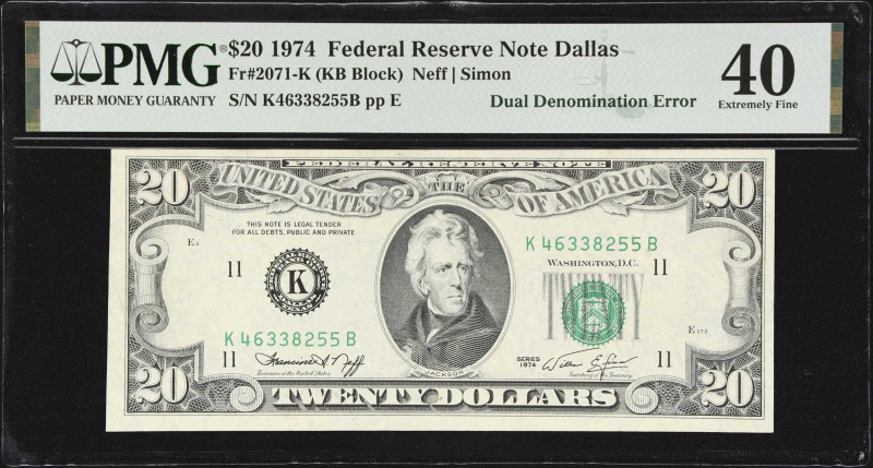 1974 $20/$10 Double Denomination Error 
Fr. 2071-K. 1974 $20 Federal Reserve No...