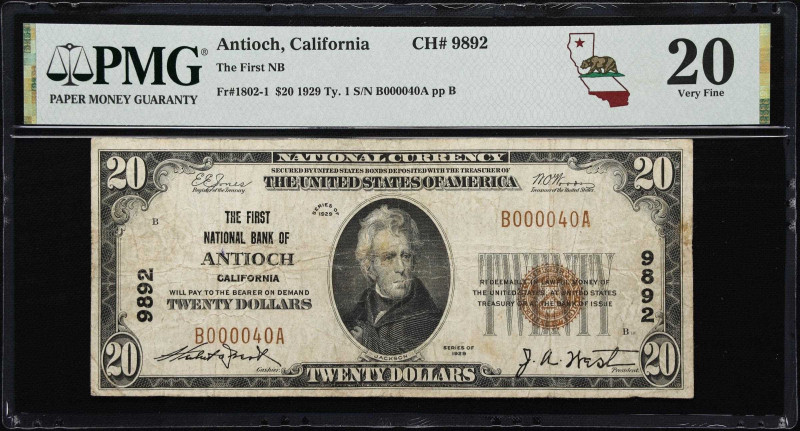 Antioch, California. $20 1929 Ty. 1. Fr. 1802-1. First NB. Charter #9892. PMG Ve...