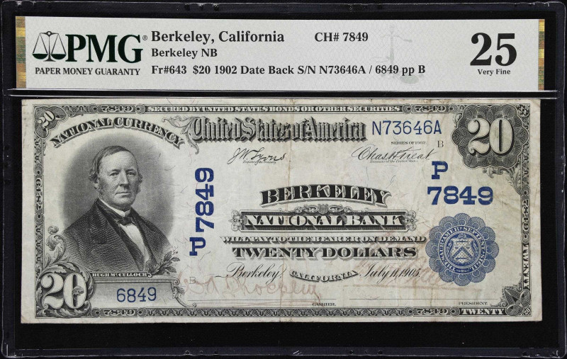 Berkeley, California. $20 1902 Date Back. Fr. 643. Berkeley NB. Charter #7849. P...