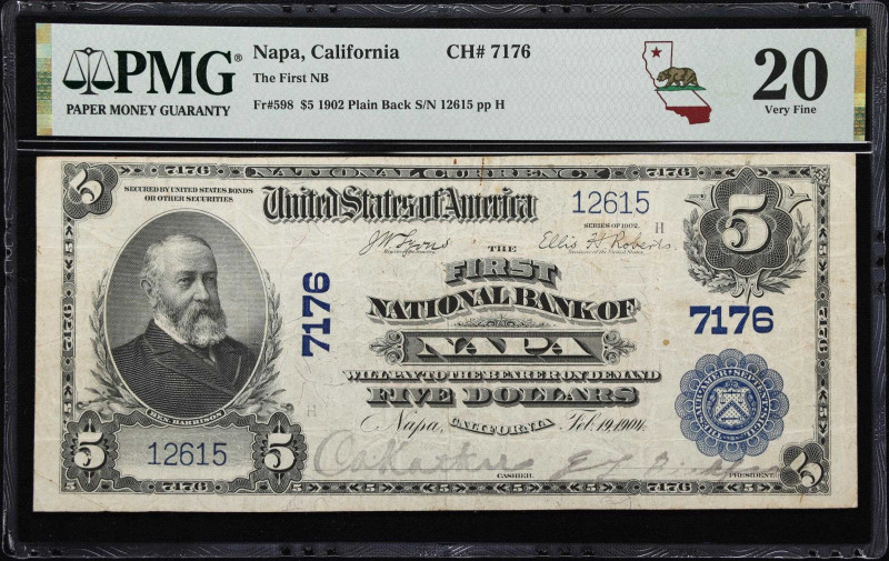 Napa, California. $5 1902 Plain Back. Fr. 598. First NB. Charter #7176. PMG Very...