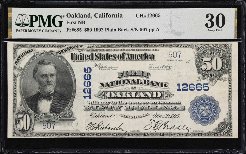 Oakland, California. $50 1902 Plain Back. Fr. 685. First NB. Charter #12665. PMG...