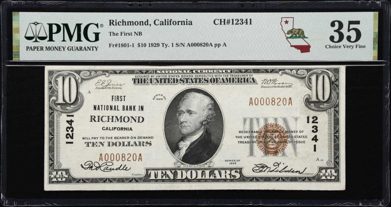 Richmond, California. $10 1929 Ty. 1. Fr. 1801-1. First NB. Charter #12341. PMG ...