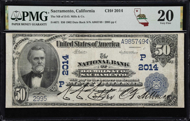 Sacramento, California. $50 1902 Date Back. Fr. 671. NB of D.O. Mills & Co.. Cha...