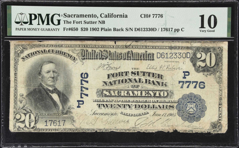 Sacramento, California. $20 1902 Plain Back. Fr. 650. Fort Sutter NB. Charter #7...