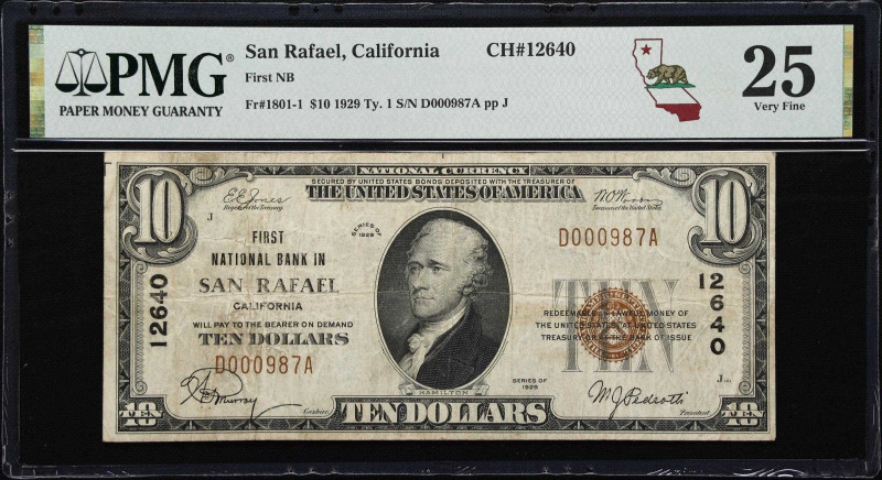 San Rafael, California. $10 1929 Ty. 1. Fr. 1801-1. First NB. Charter #12640. PM...