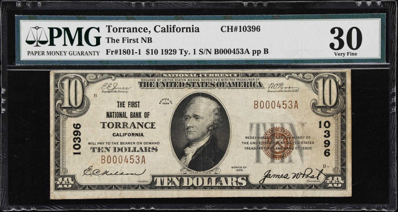 Torrance, California. $10 1929 Ty. 1. Fr. 1801-1. First NB. Charter #10396. PMG ...