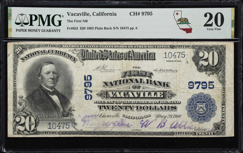 Vacaville, California. $20 1902 Plain Back. Fr. 653. First NB. Charter #9795. PM...