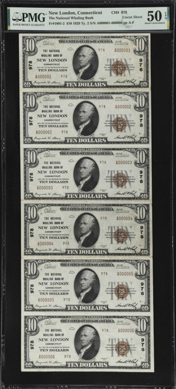 Uncut Sheet of (6) New London, Connecticut. $10 1929 Ty. 2. Fr. 1801-2. National...