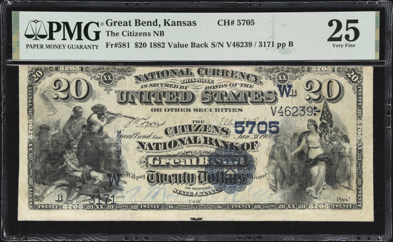 Great Bend, Kansas. $20 1882 Value Back. Fr. 581. Citizens NB. Charter #5705. PM...