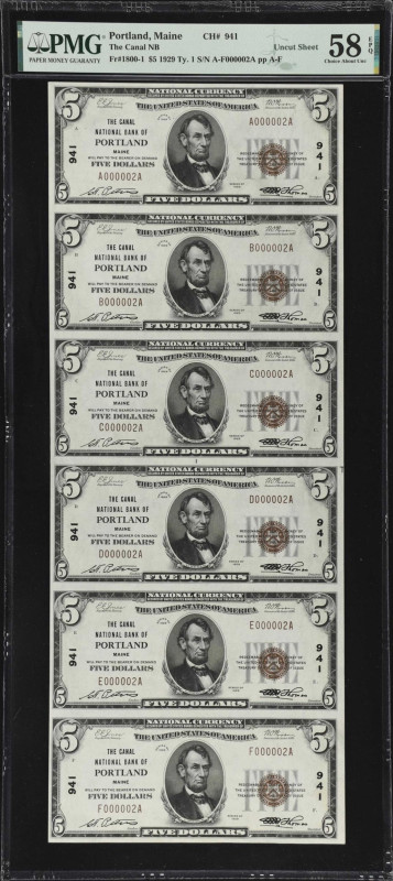 Uncut Sheet of (6) Portland, Maine. $5 1929 Ty. 1. Fr. 1800-1. Canal NB. Charter...