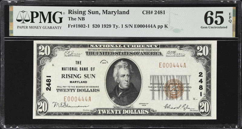 Rising Sun, Maryland. $20 1929 Ty. 1. Fr. 1802-1. The NB. Charter #2481. PMG Gem...