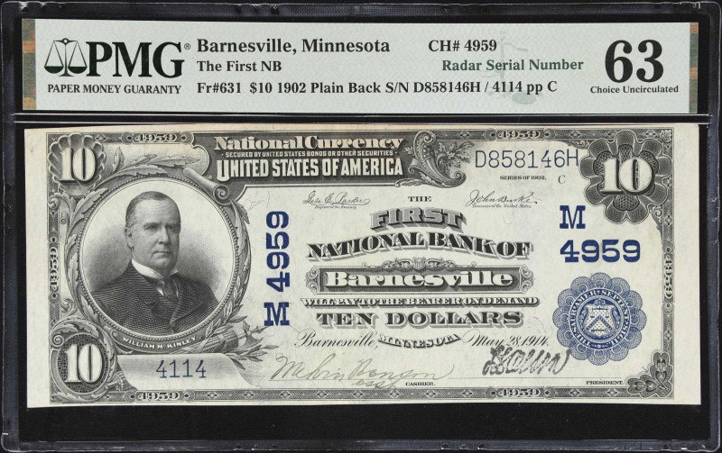 Barnesville, Minnesota. $10 1902 Plain Back. Fr. 631. First NB. Charter #4959. P...