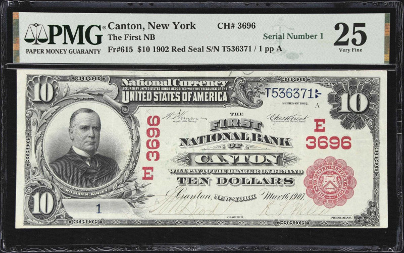 Canton, New York. 1902 Red Seal $10 Fr. 615. First NB. Charter #3696. PMG Very F...