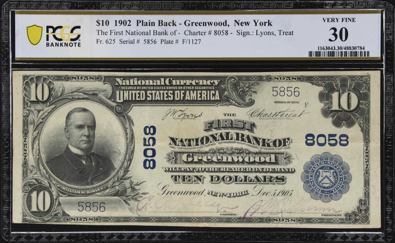 Greenwood, New York. 1902 Plain Back $10 Fr. 625. The First NB. Charter #8058. P...