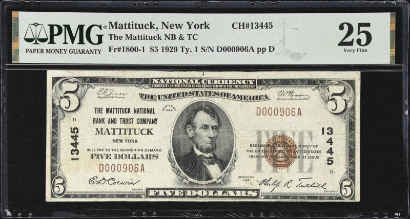 Mattituck, New York. 1929 Ty. 1 $5 Fr. 1800-1. Mattituck NB & TC. Charter #13445...