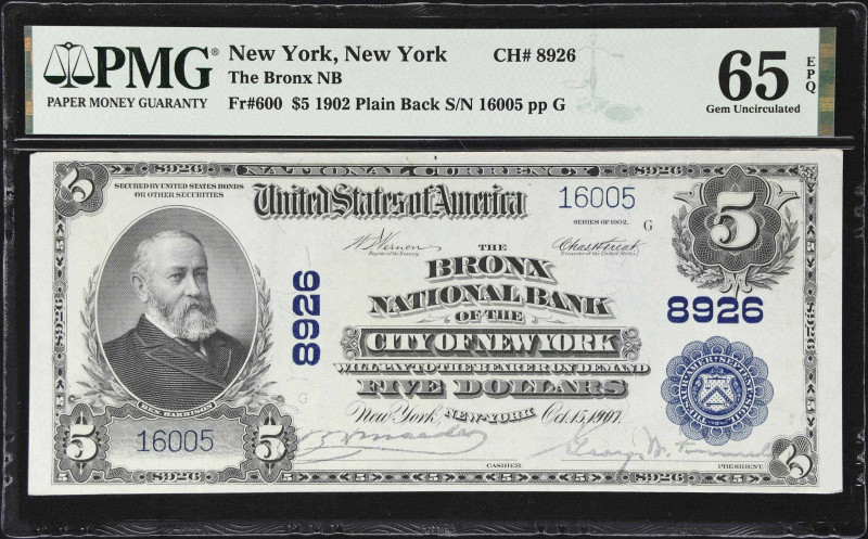 New York, New York. 1902 Plain Back $5 Fr. 600. The Bronx NB. Charter #8926. PMG...