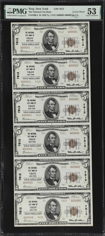 Uncut Sheet of (6) Troy, New York. 1929 Ty. 2 $5 Fr. 1800-2. National City Bank....